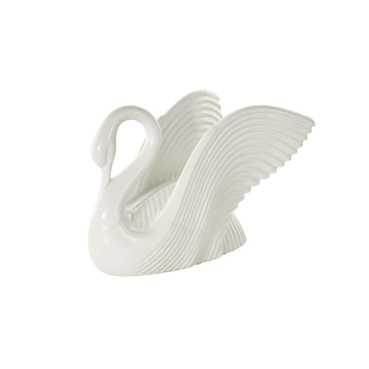 11&#x22; White Ceramic Swan Sculpture with Textured Grooves